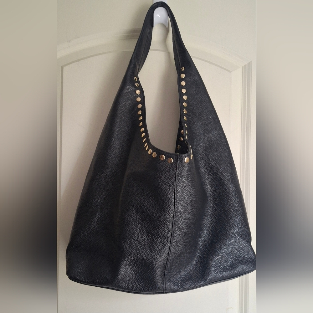 LAGGO- Mara Midnight Navy Soft Pebble Leather‎ Hobo With Silver Studs Casual Lux